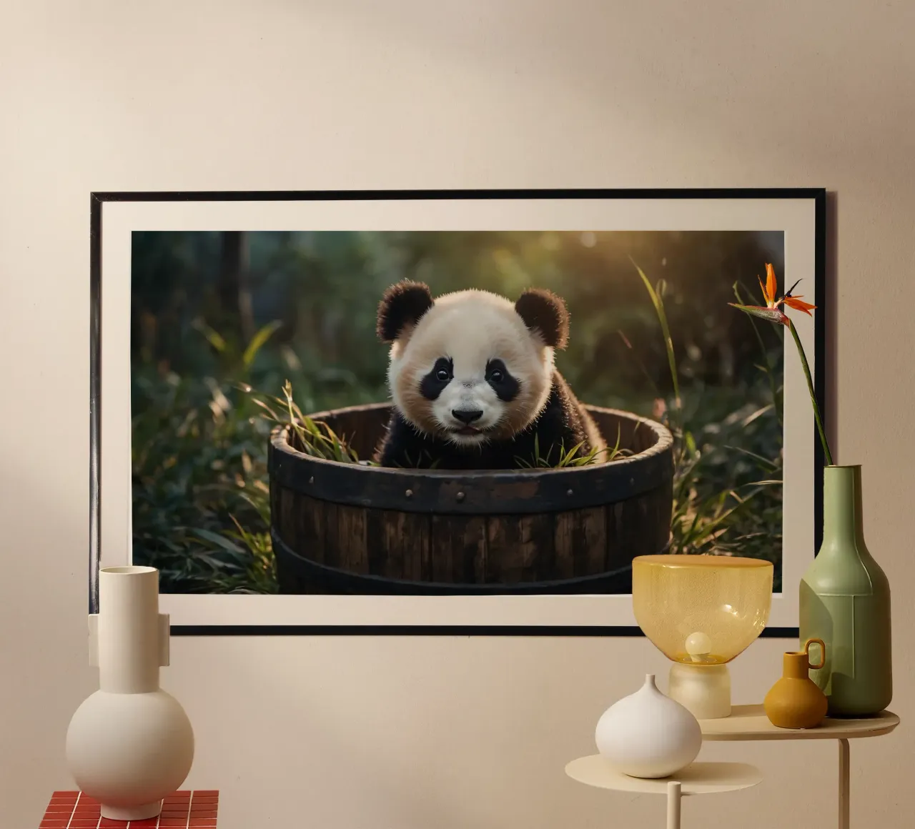 Un cucciolo di panda giocherellone siede in una botte di legno carta hahnemühle da DesignDoodle