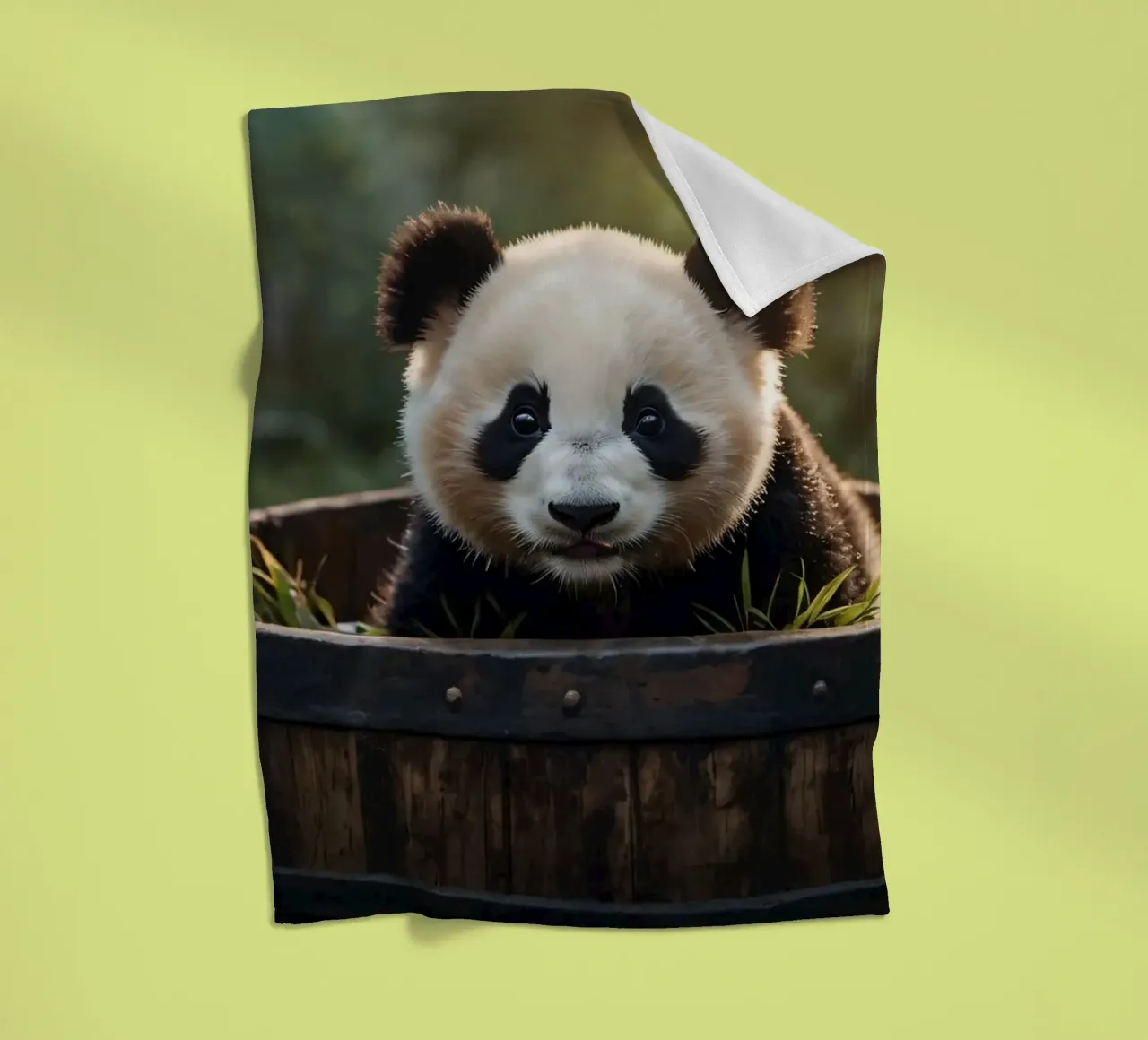 Un cucciolo di panda giocherellone siede in una botte di legno coperta in pile da DesignDoodle