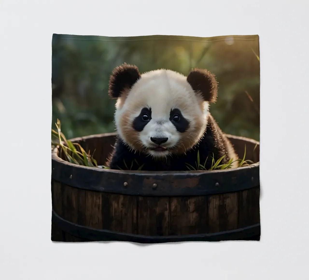 Un cucciolo di panda giocherellone siede in una botte di legno coperta in pile da DesignDoodle