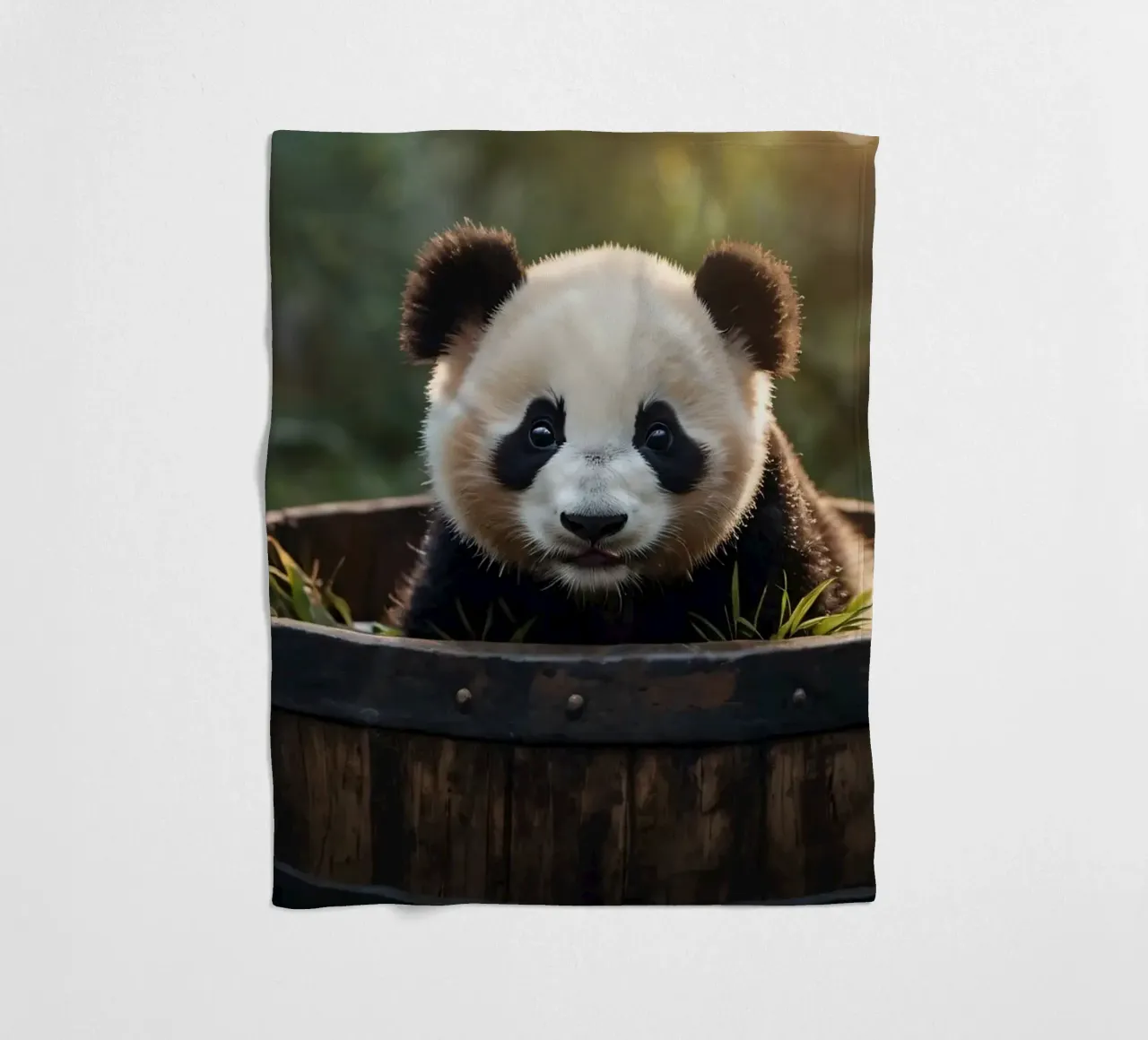 Un cucciolo di panda giocherellone siede in una botte di legno coperta in pile da DesignDoodle
