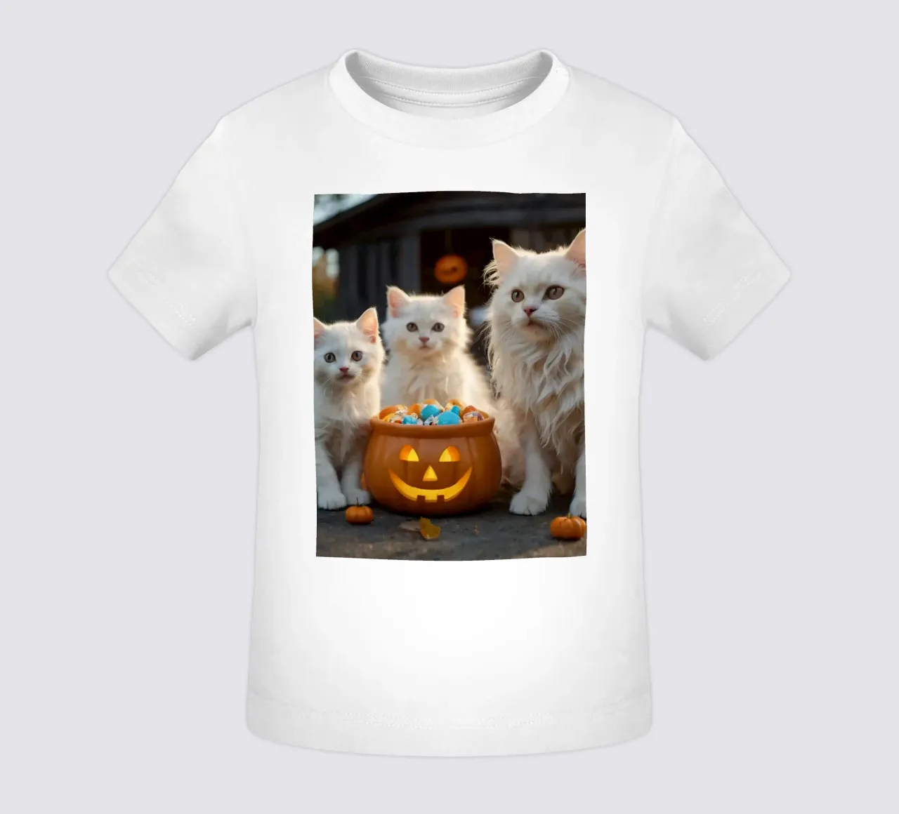 Tre soffici gattini bianchi giocano vicino a una zucca di Halloween maglietta neonato da DesignDoodle