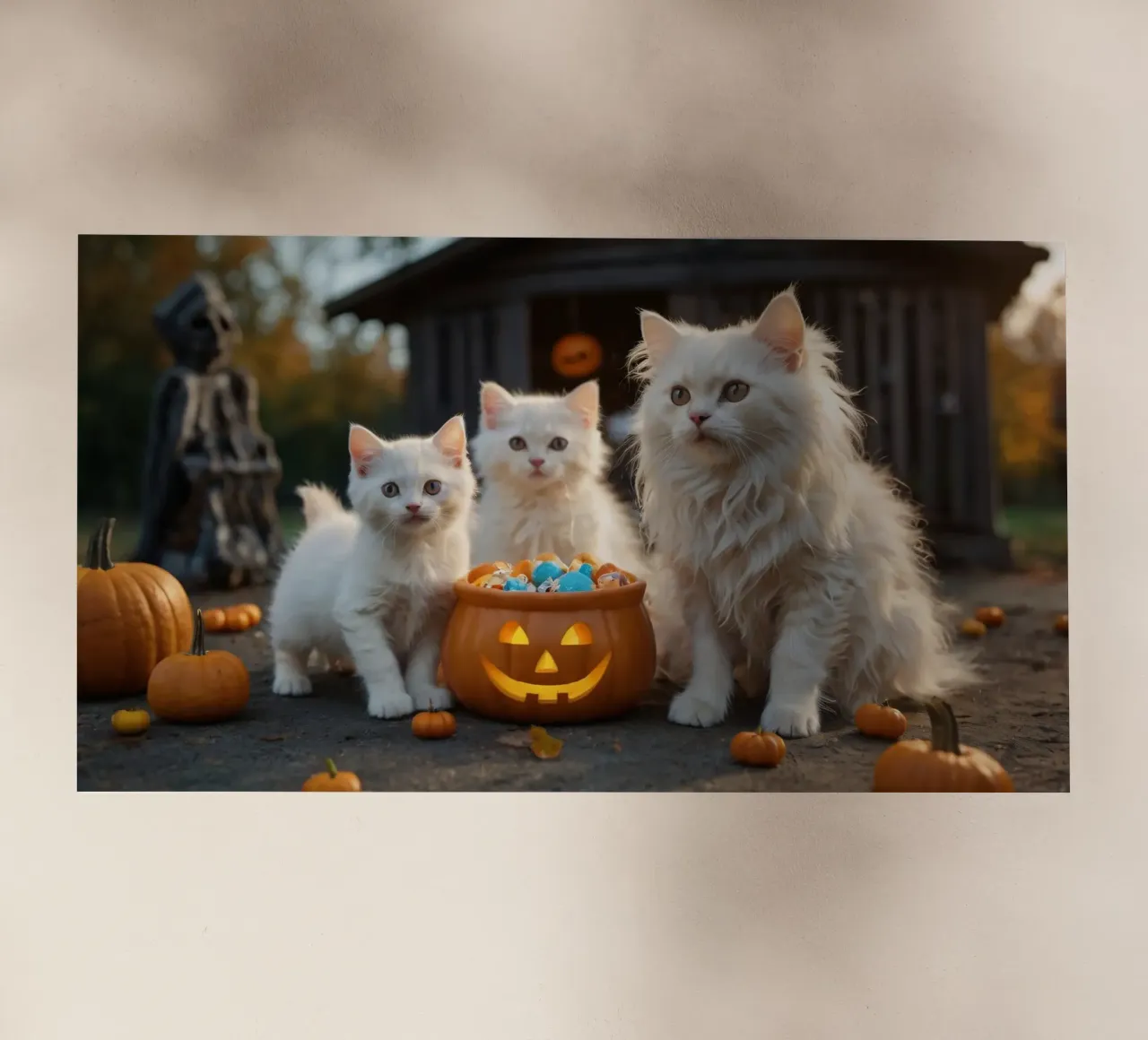 Tre soffici gattini bianchi giocano vicino a una zucca di Halloween pellicola backlit da DesignDoodle