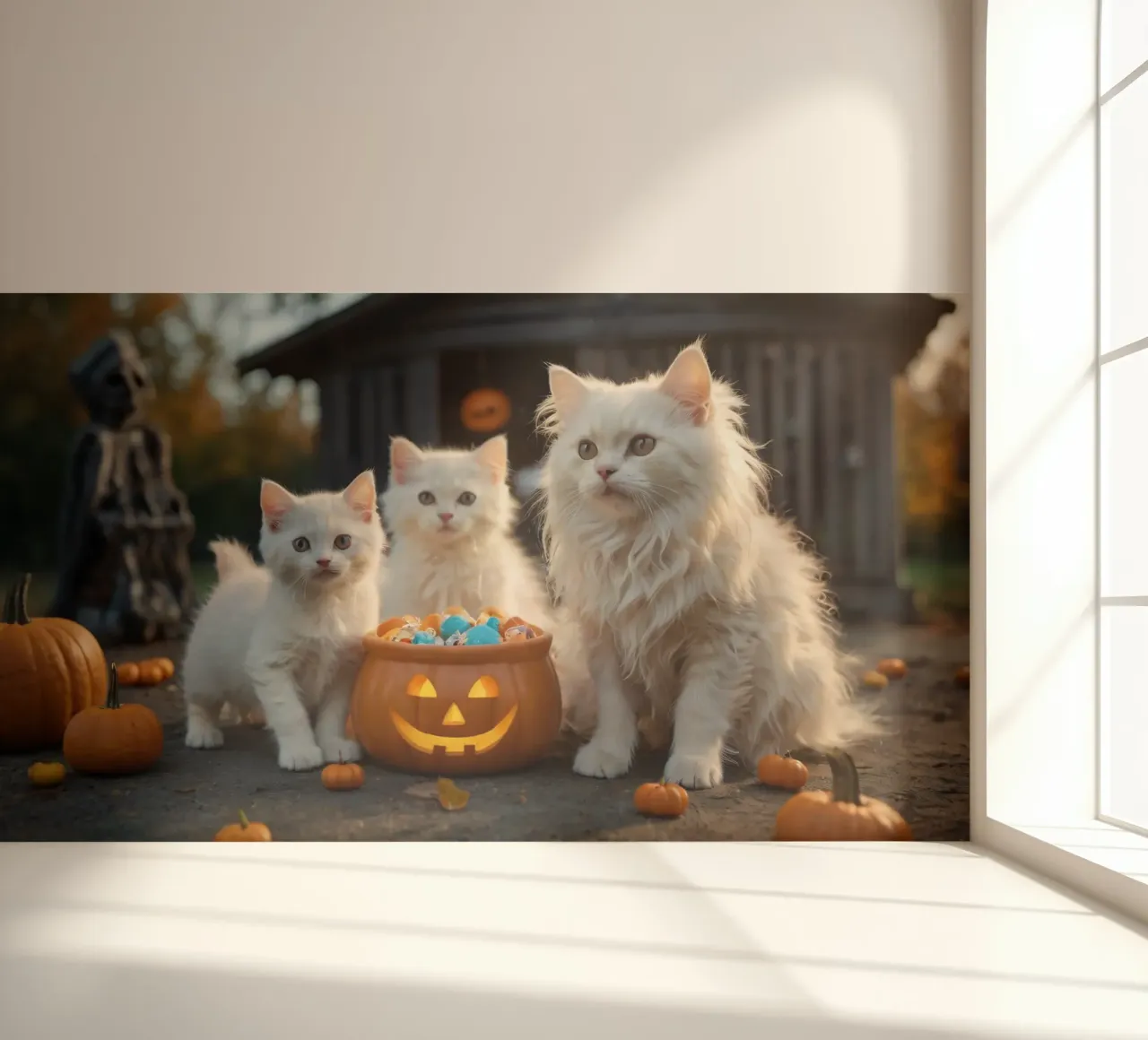 Drei flauschige weiße Kätzchen spielen in der Nähe eines Kürbisses Halloween Fototapete von DesignDoodle