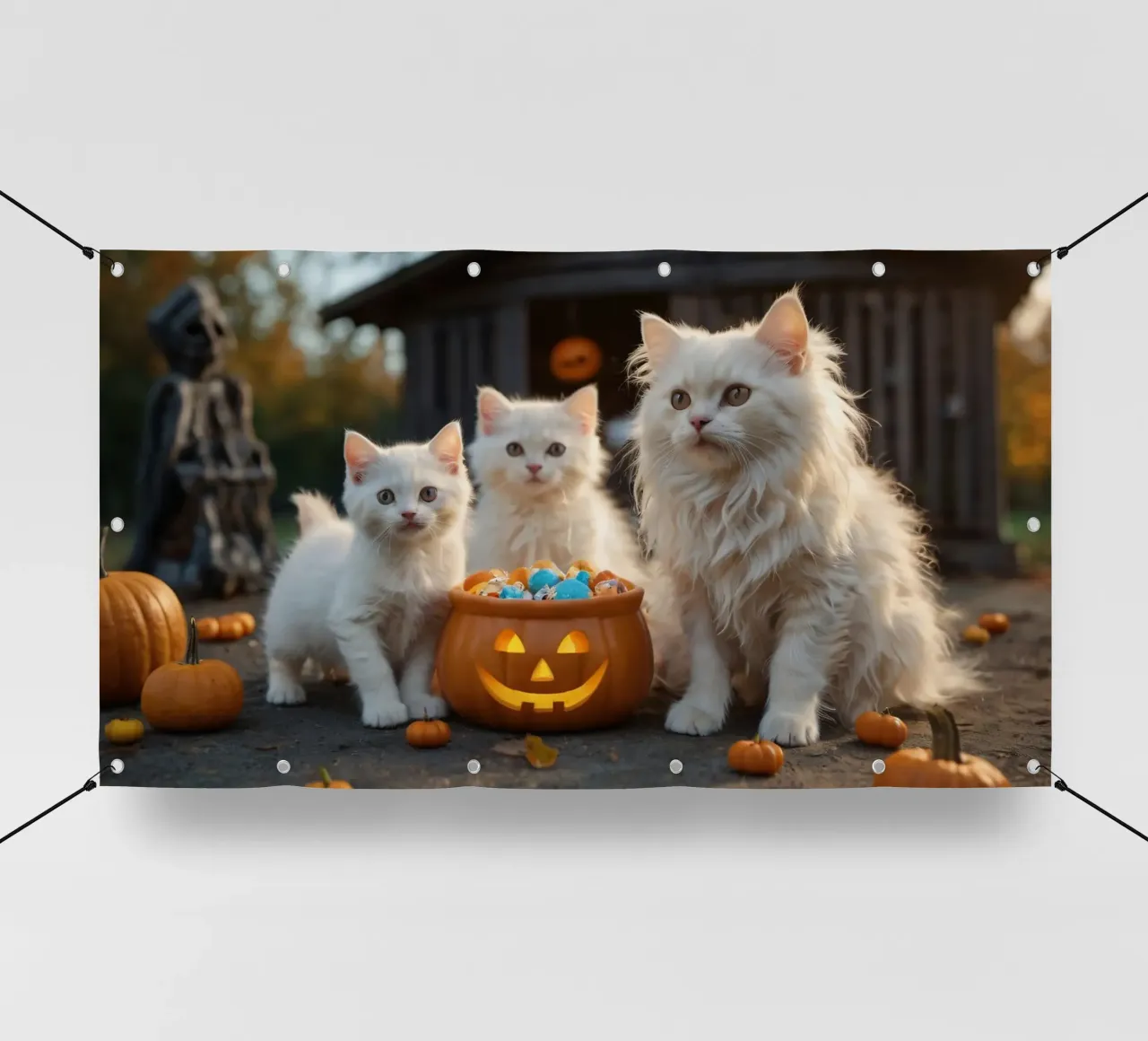 Tre soffici gattini bianchi giocano vicino a una zucca di Halloween telo in pvc da DesignDoodle