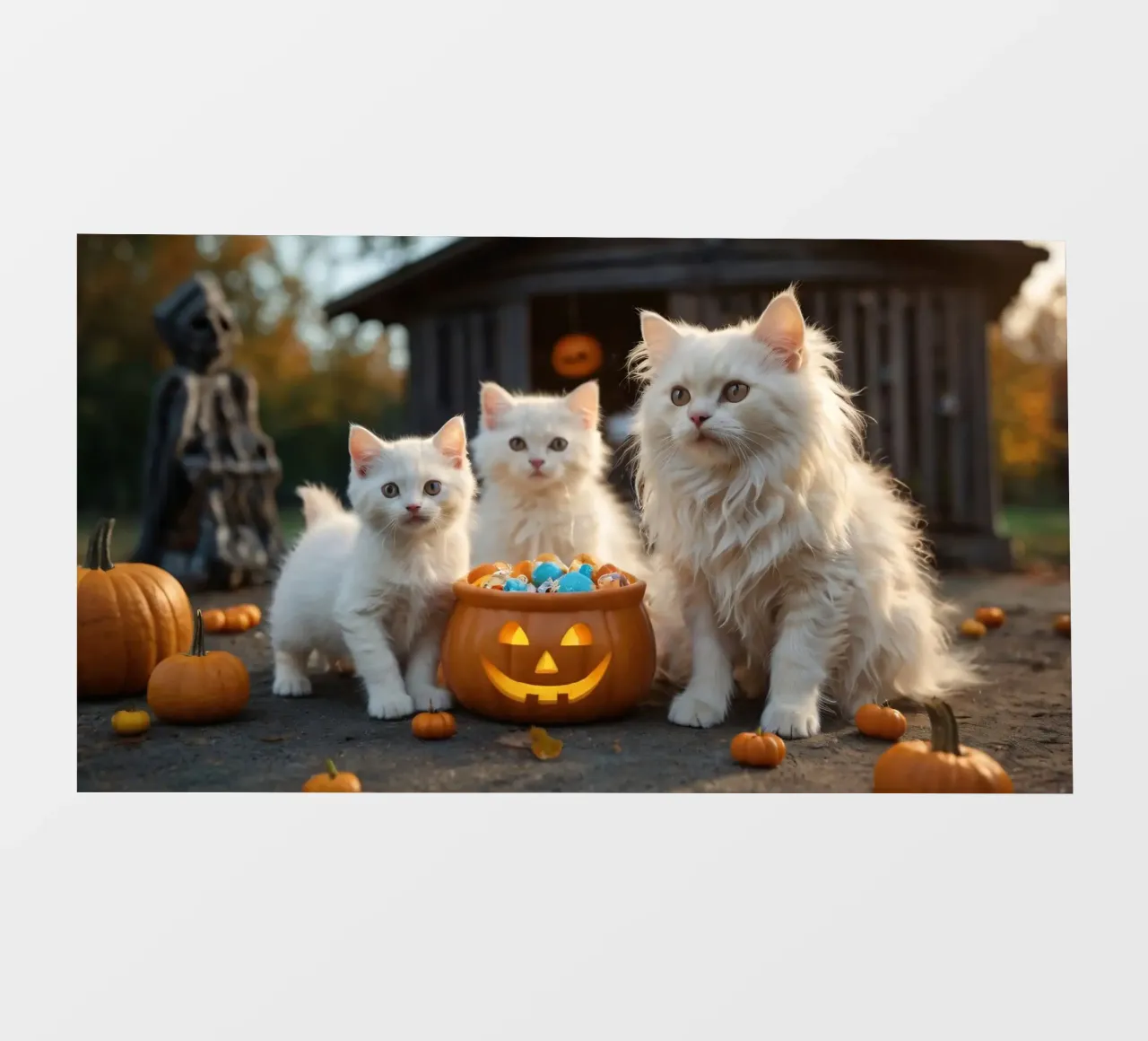 Tre soffici gattini bianchi giocano vicino a una zucca di Halloween telo in pvc da DesignDoodle