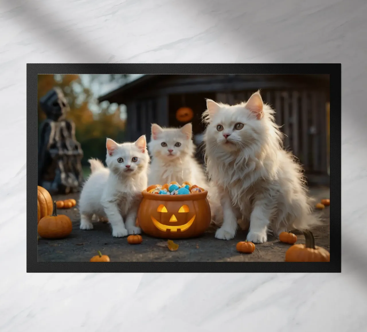 Tre soffici gattini bianchi giocano vicino a una zucca di Halloween zerbino da DesignDoodle