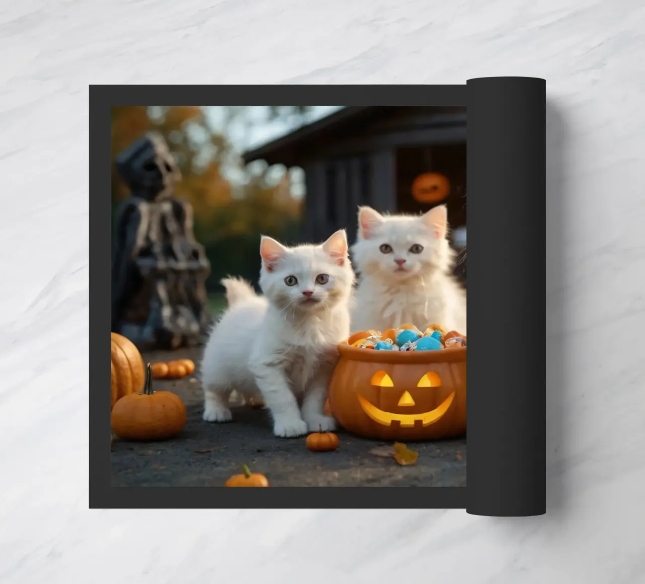 Tre soffici gattini bianchi giocano vicino a una zucca di Halloween zerbino da DesignDoodle