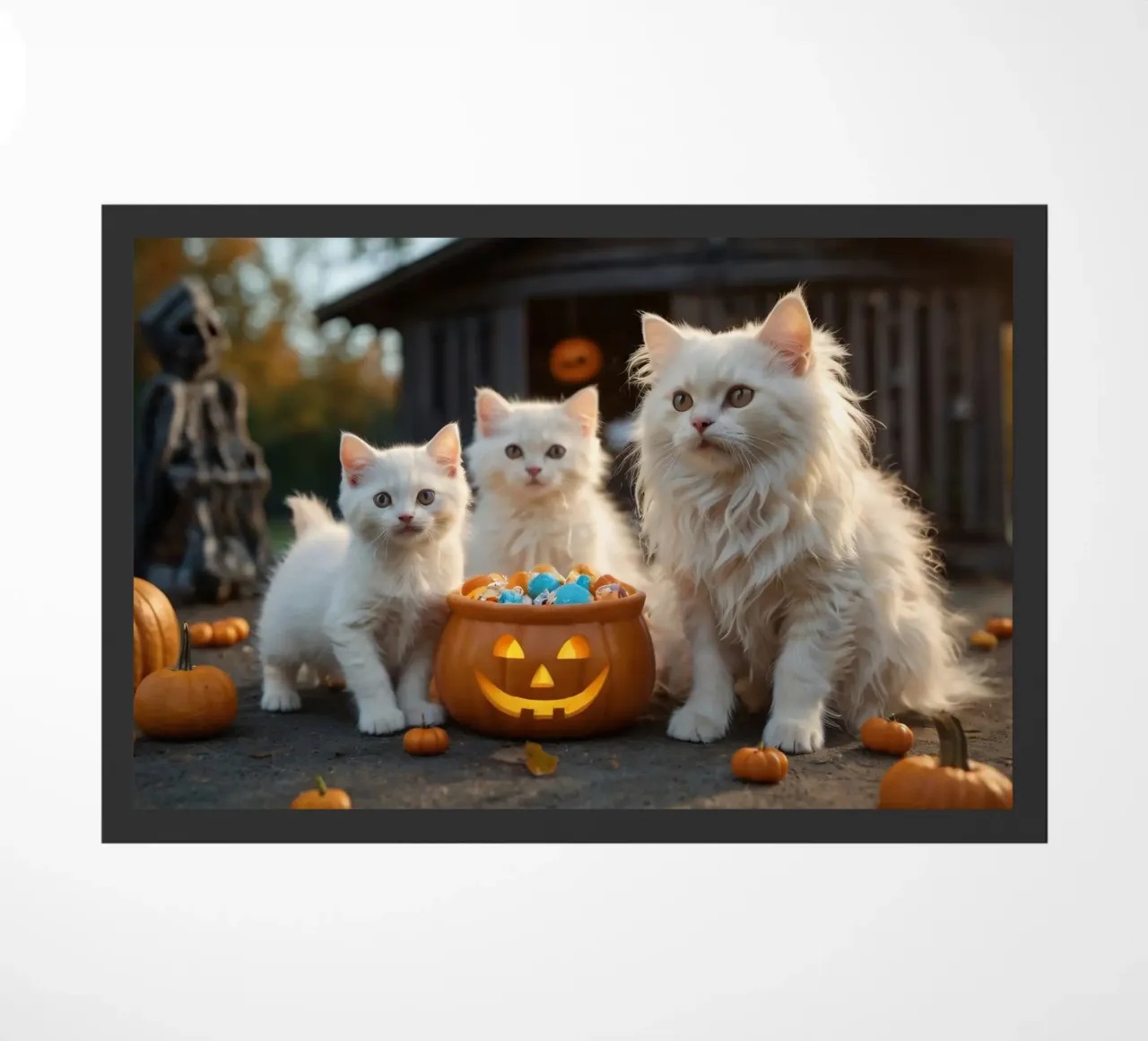 Tre soffici gattini bianchi giocano vicino a una zucca di Halloween zerbino da DesignDoodle