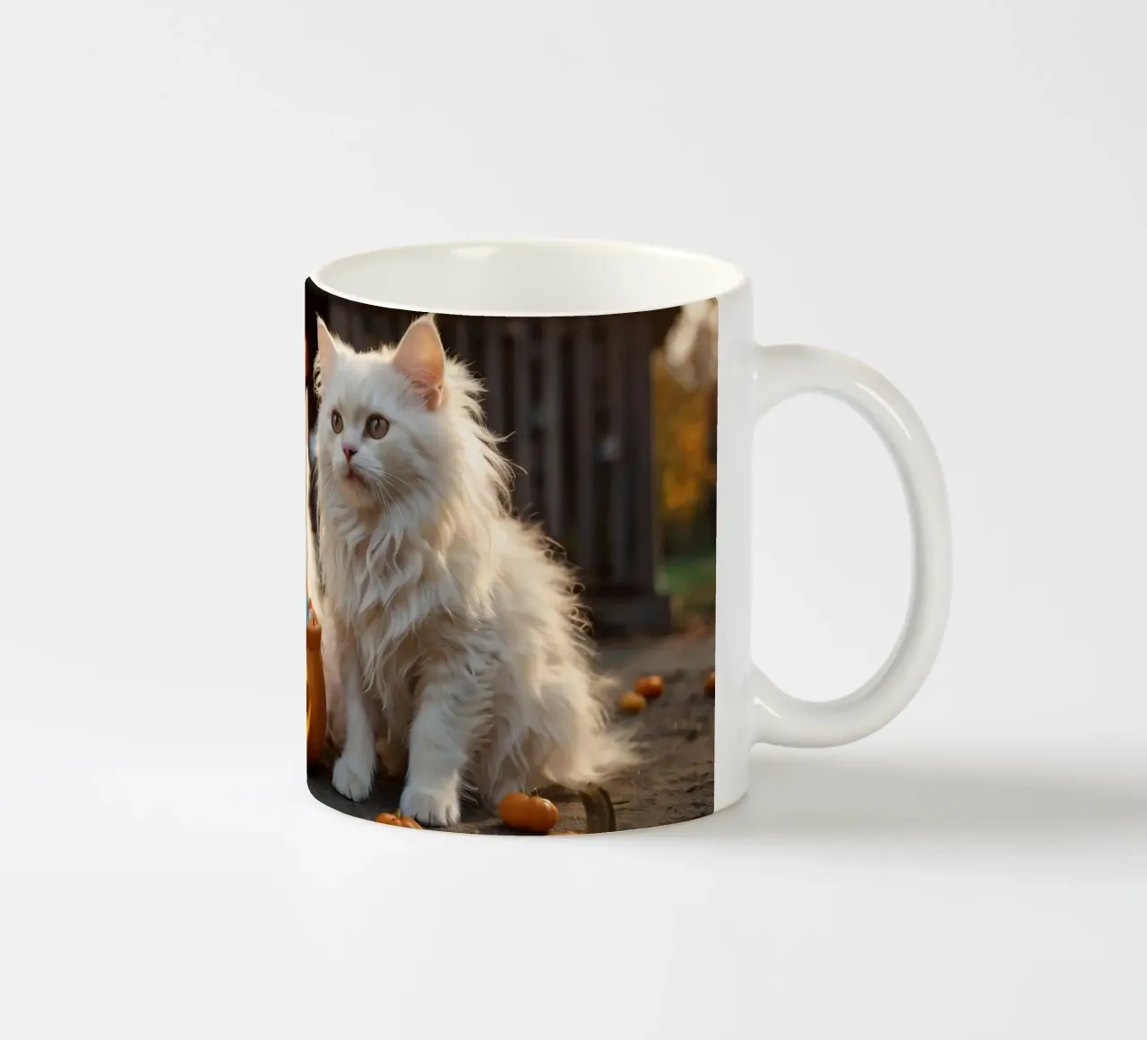 Tre soffici gattini bianchi giocano vicino a una zucca di Halloween tazza in ceramica da DesignDoodle