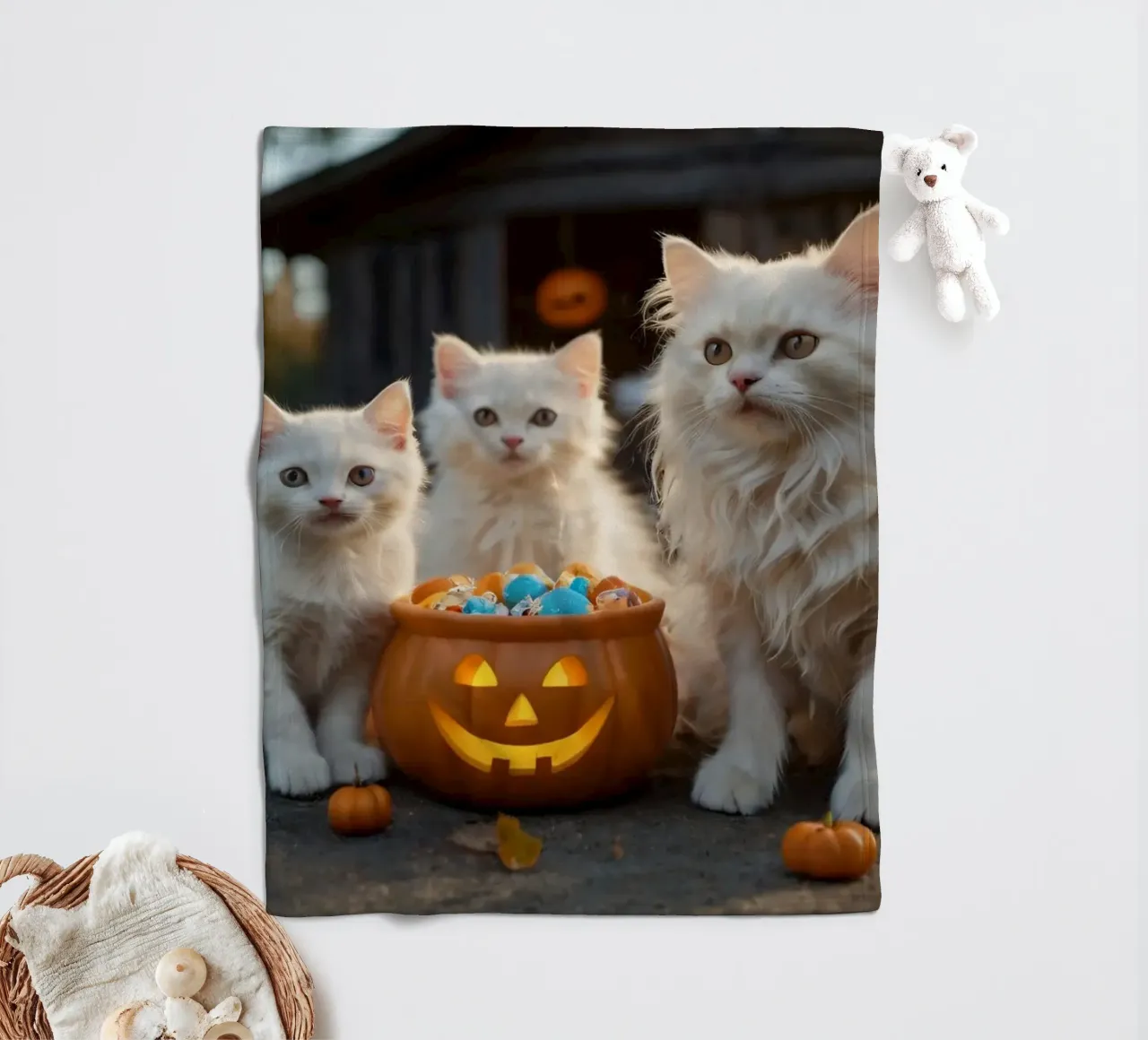 Drie pluizige witte kittens spelen bij een pompoen Halloween fleecedeken van DesignDoodle