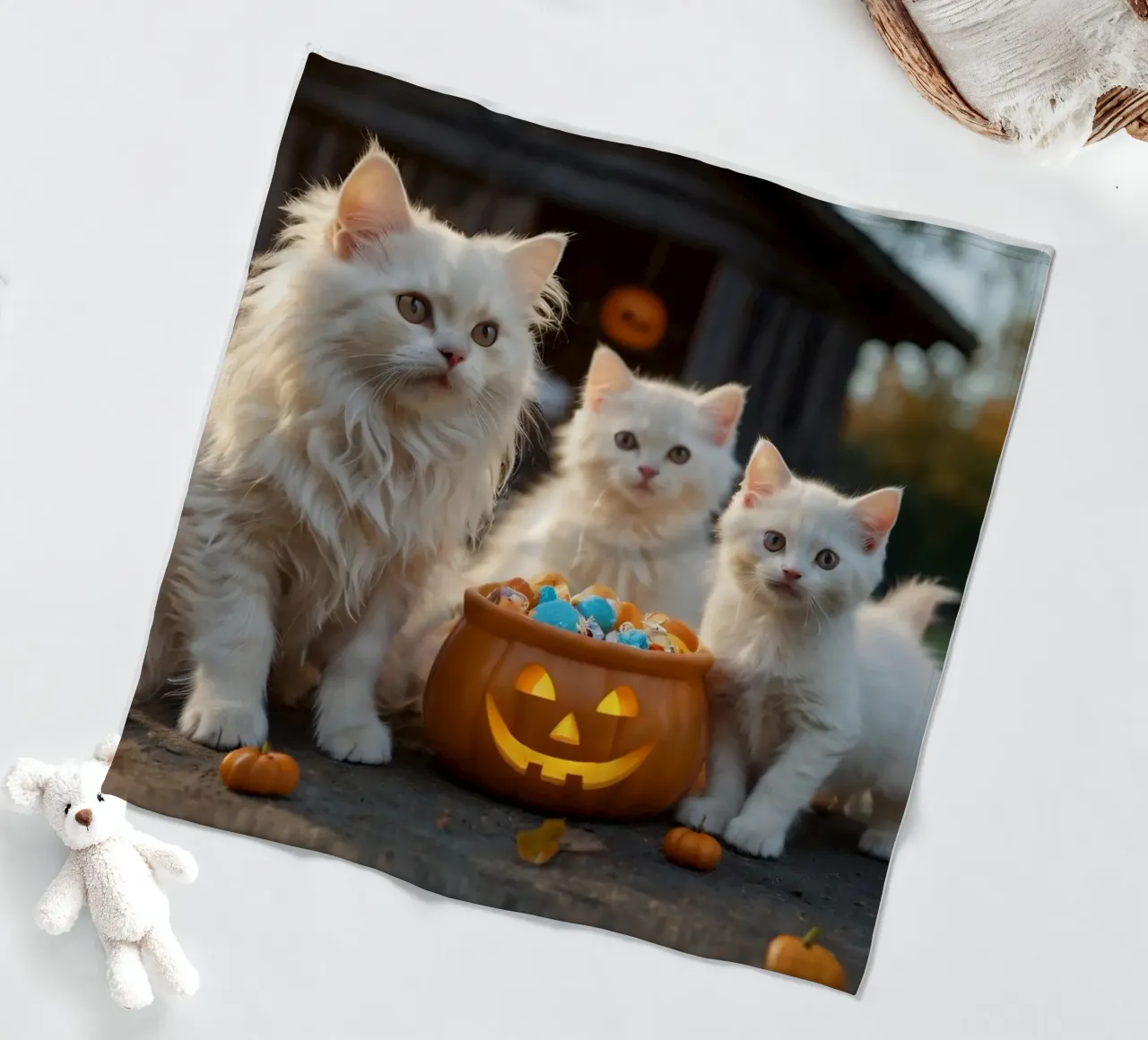 Drie pluizige witte kittens spelen bij een pompoen Halloween fleecedeken van DesignDoodle