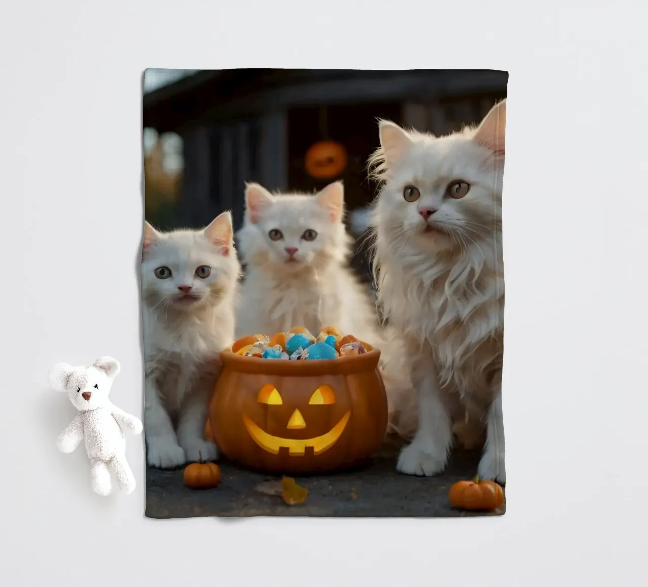 Drie pluizige witte kittens spelen bij een pompoen Halloween fleecedeken van DesignDoodle