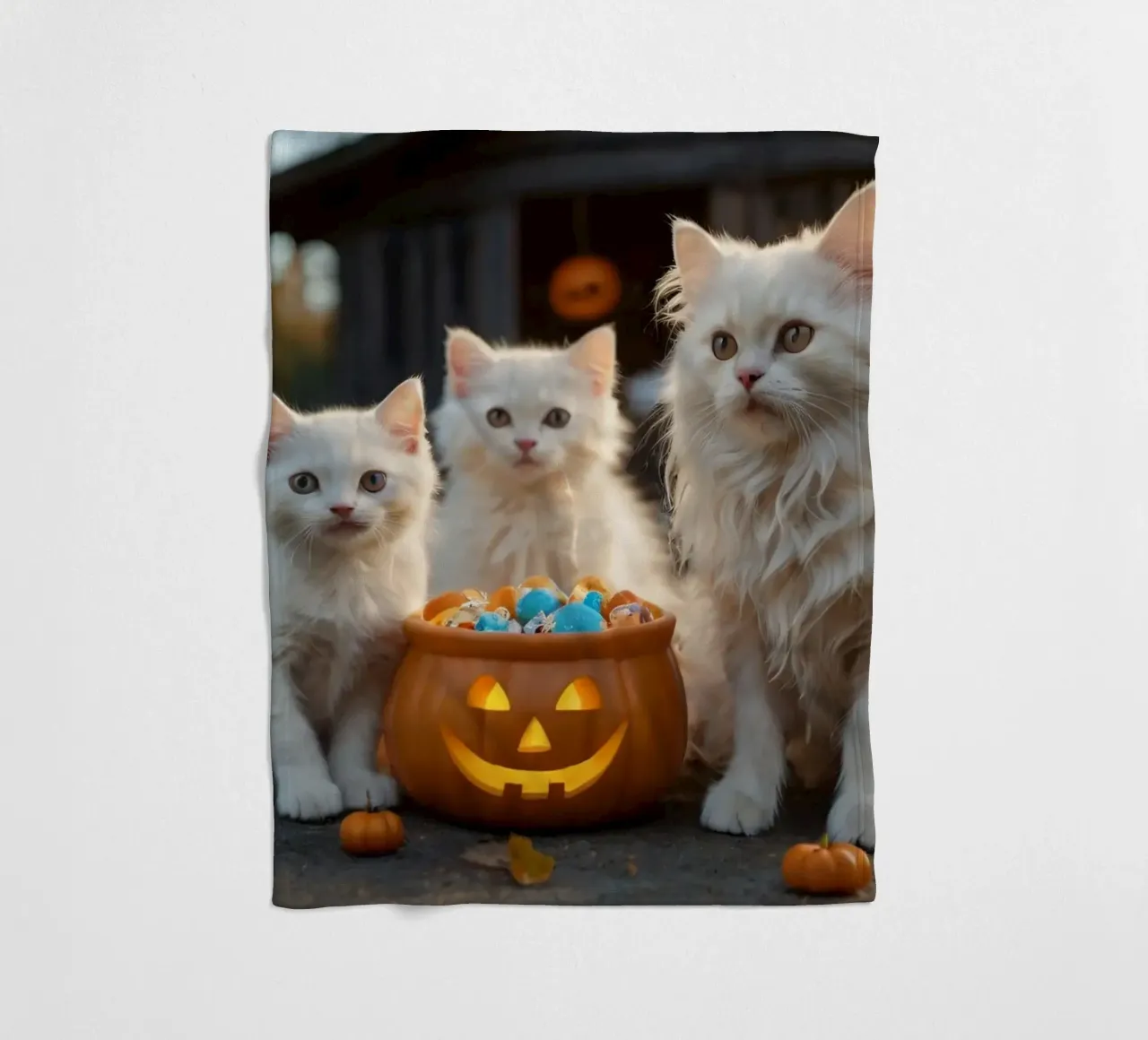 Drie pluizige witte kittens spelen bij een pompoen Halloween fleecedeken van DesignDoodle