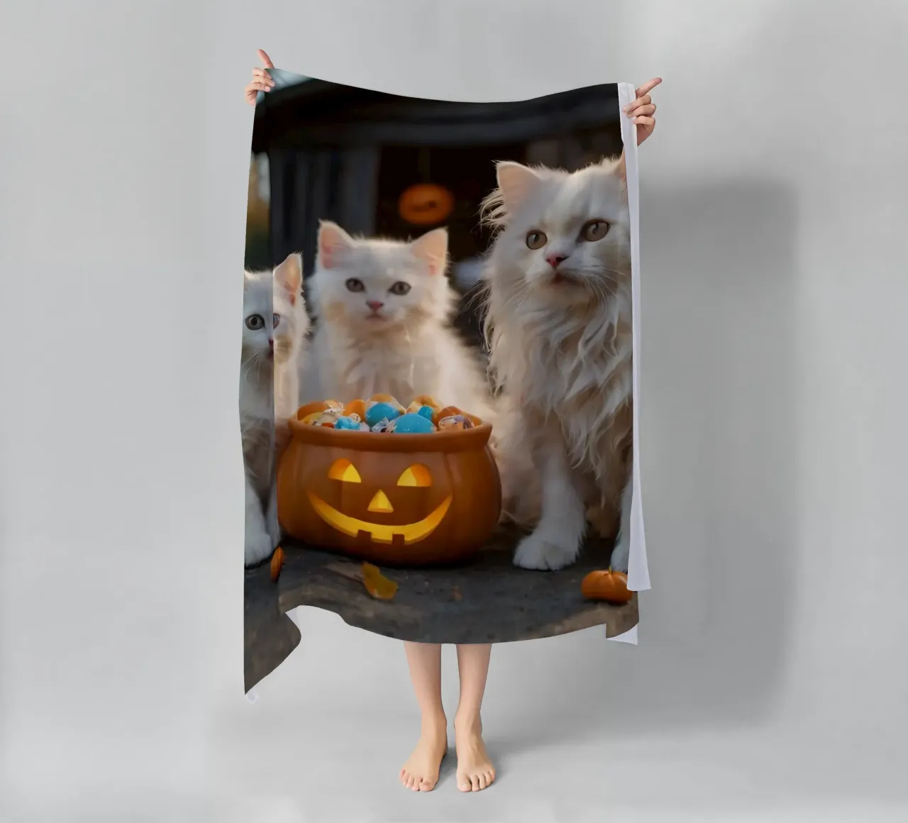 Tre soffici gattini bianchi giocano vicino a una zucca di Halloween telo mare da DesignDoodle