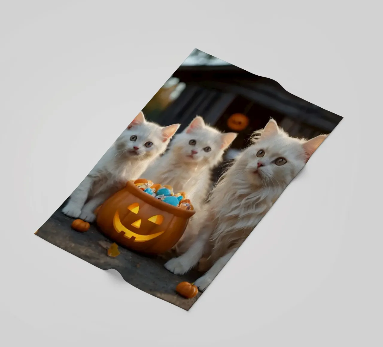 Tre soffici gattini bianchi giocano vicino a una zucca di Halloween telo mare da DesignDoodle