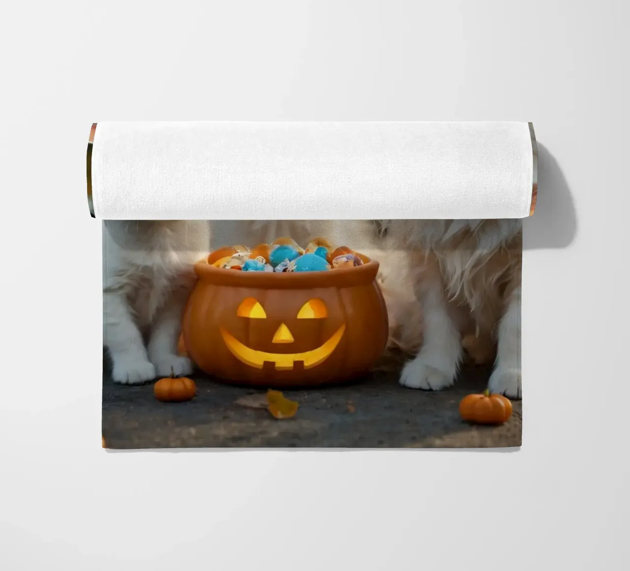 Tre soffici gattini bianchi giocano vicino a una zucca di Halloween telo mare da DesignDoodle