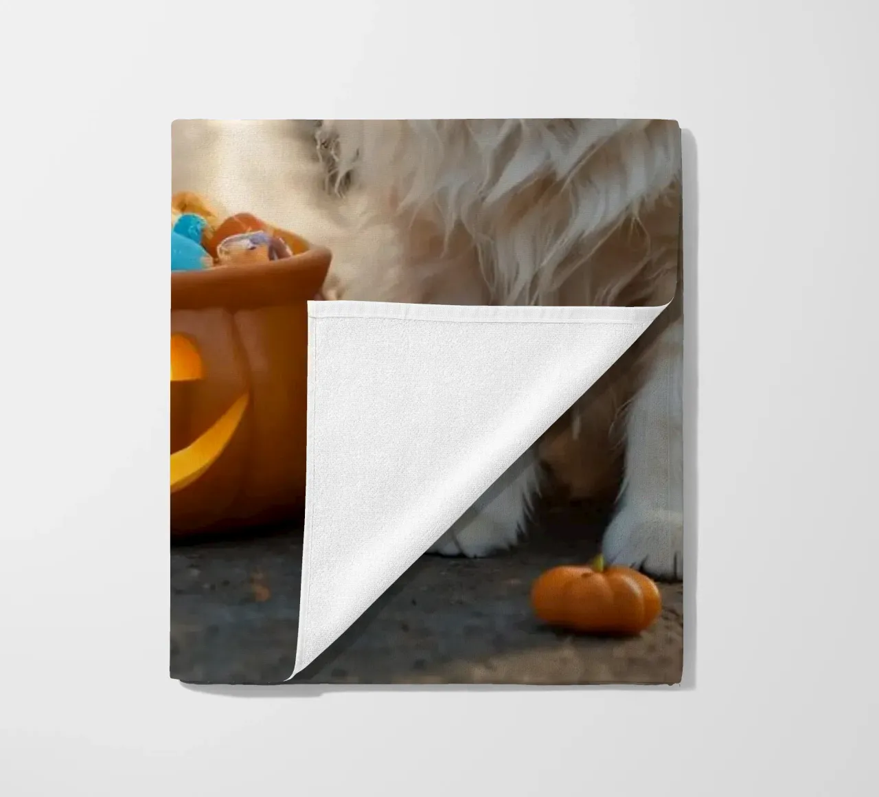 Tre soffici gattini bianchi giocano vicino a una zucca di Halloween telo mare da DesignDoodle