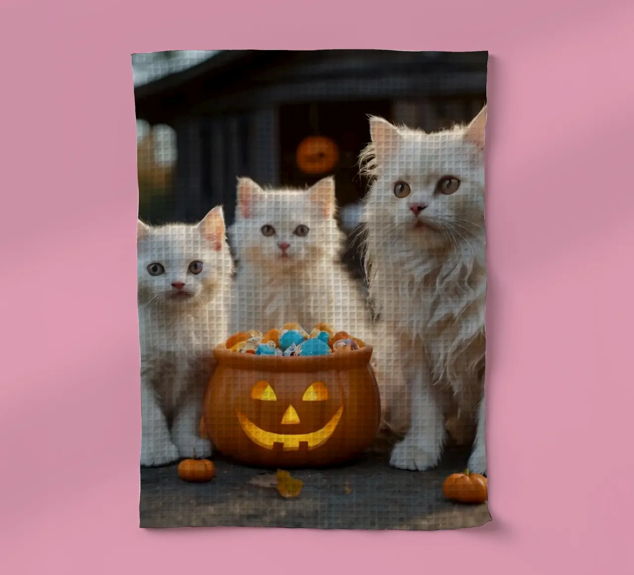 Tre soffici gattini bianchi giocano vicino a una zucca di Halloween canovaccio da cucina da DesignDoodle