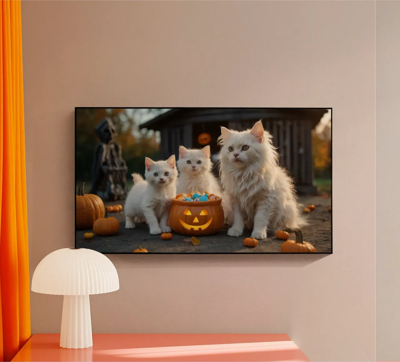 Tre soffici gattini bianchi giocano vicino a una zucca di Halloween plexiglass da DesignDoodle