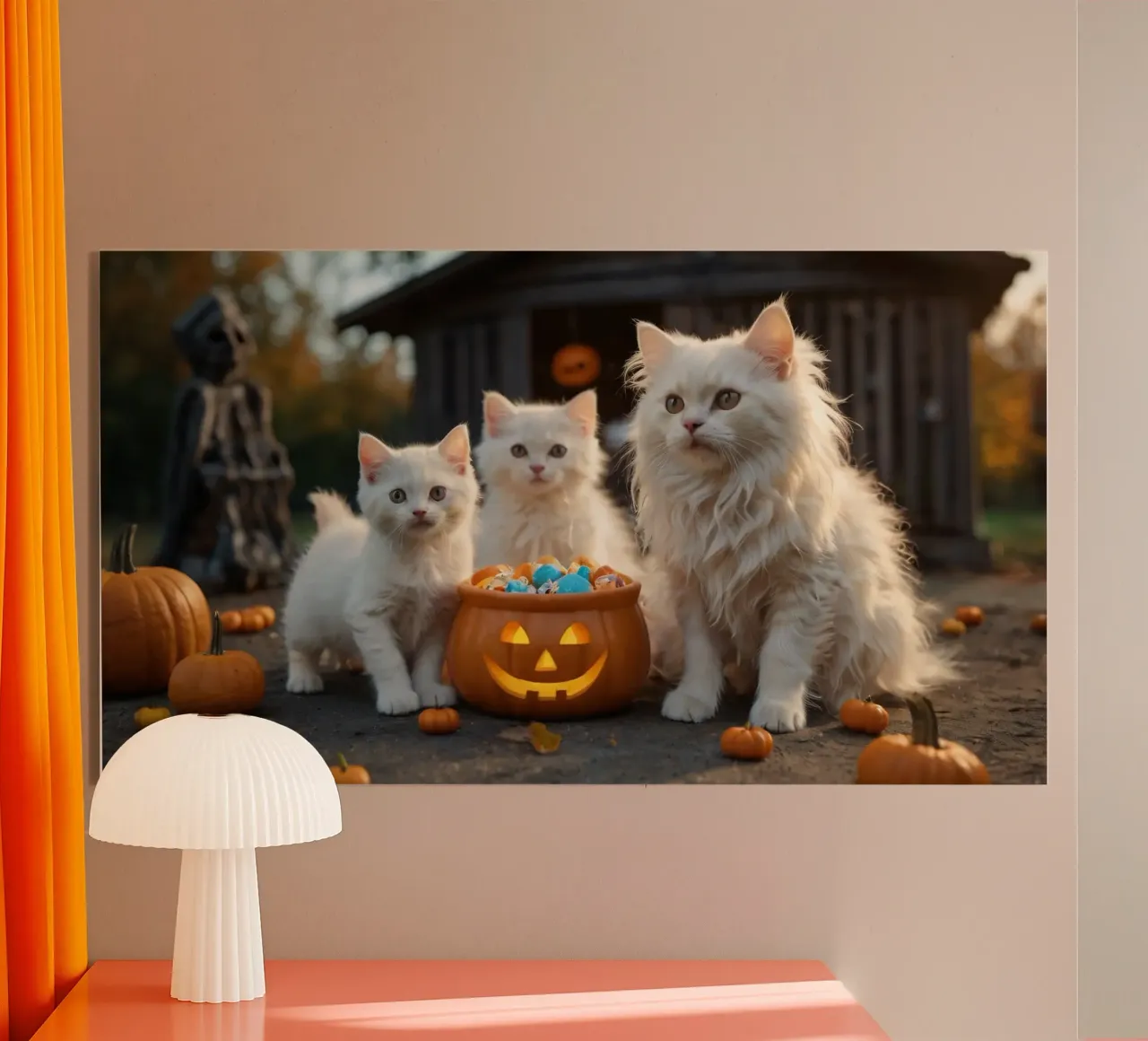 Tre soffici gattini bianchi giocano vicino a una zucca di Halloween plexiglass da DesignDoodle