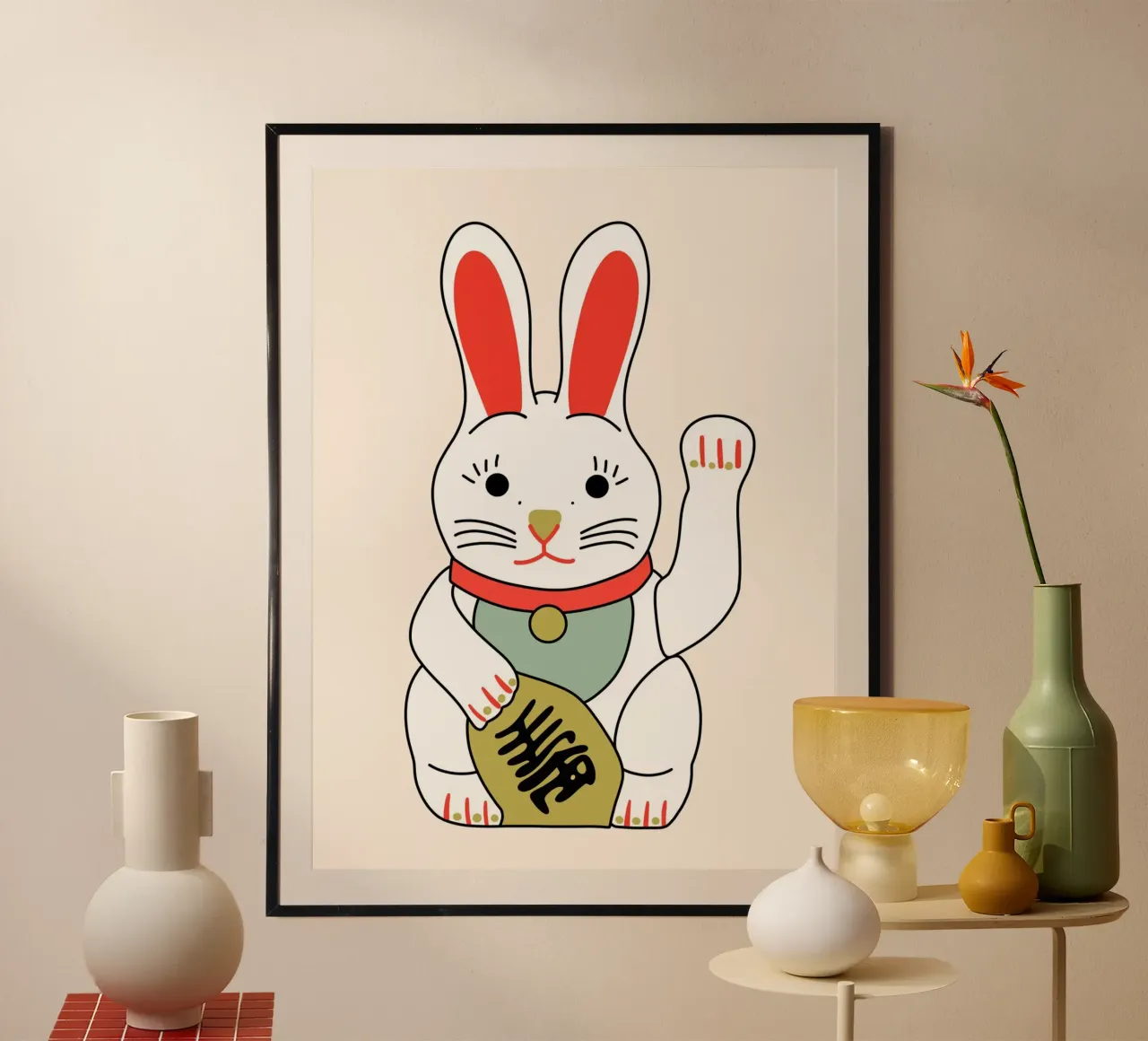 Pascua - Conejo de Pascua - Gato que saluda - Japón poster con marco de plástico de keinkonzept