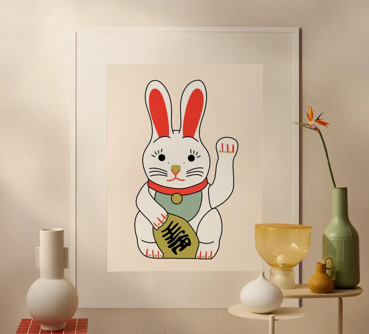 Pascua - Conejo de Pascua - Gato que saluda - Japón poster con marco de plástico de keinkonzept