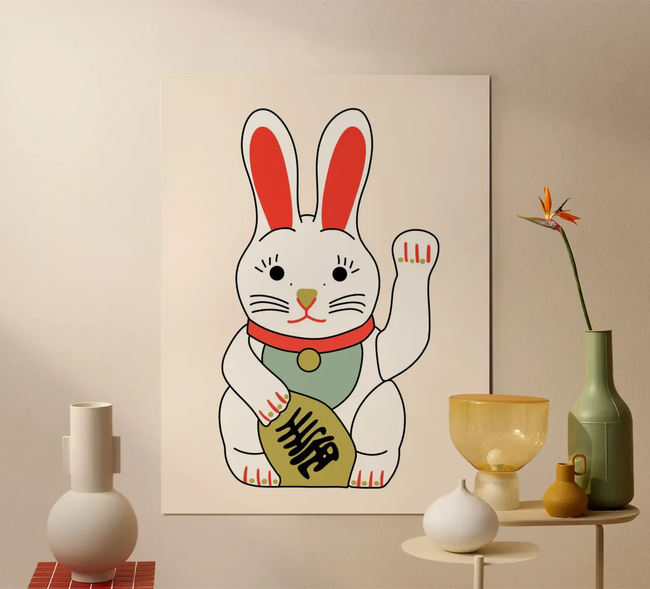 Pascua - Conejo de Pascua - Gato que saluda - Japón poster con marco de plástico de keinkonzept