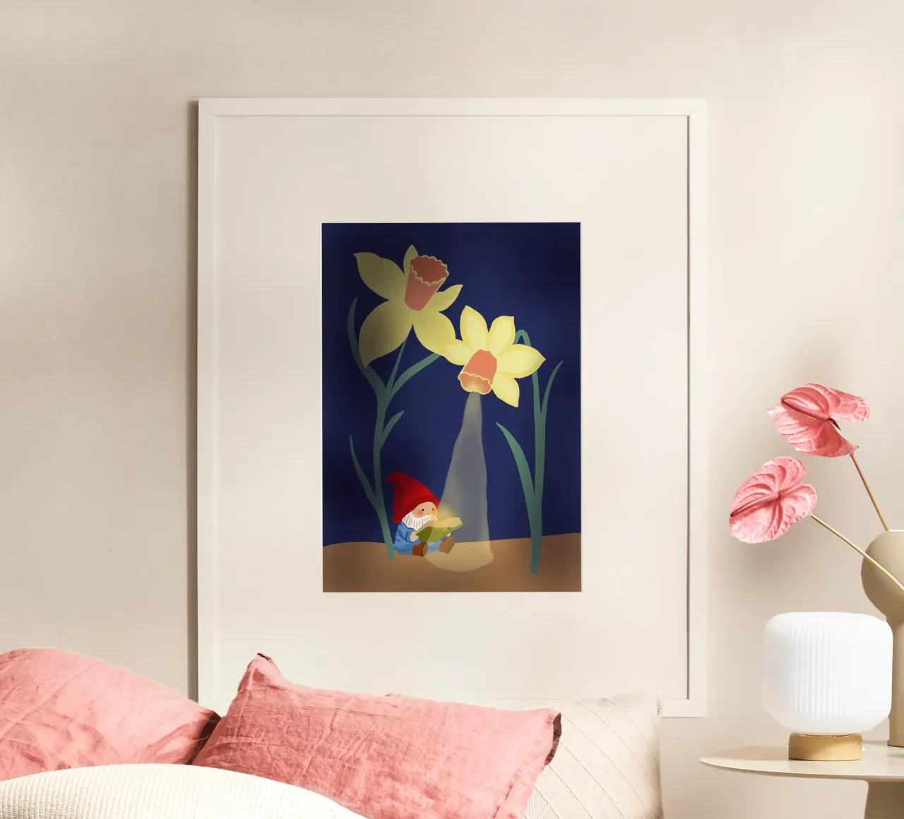 Ostern Illustration Zwerg Osterglocken Blumen poster con telaio in legno da keinkonzept