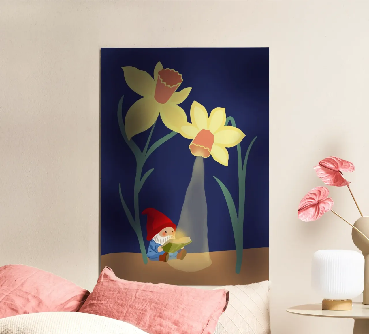 Ostern Illustration Zwerg Osterglocken Blumen poster con telaio in legno da keinkonzept