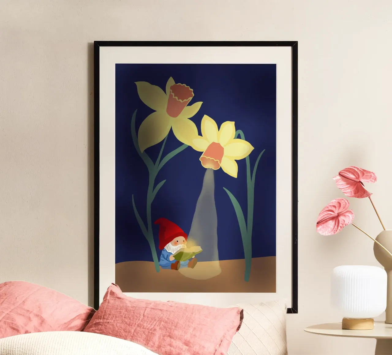 Ostern Illustration Zwerg Osterglocken Blumen poster con telaio in legno da keinkonzept