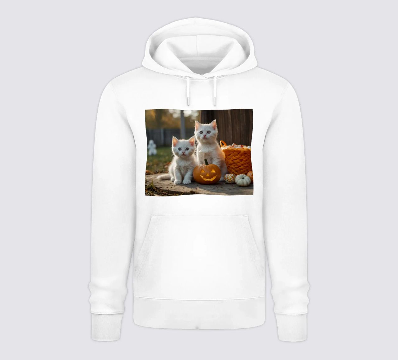 Due gattini giocherelloni accanto a zucche intagliate e a un cestino felpa con cappuccio da DesignDoodle