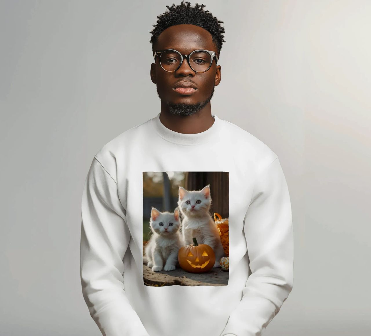 Dos gatitos juguetones junto a calabazas talladas y una cesta sudadera de DesignDoodle