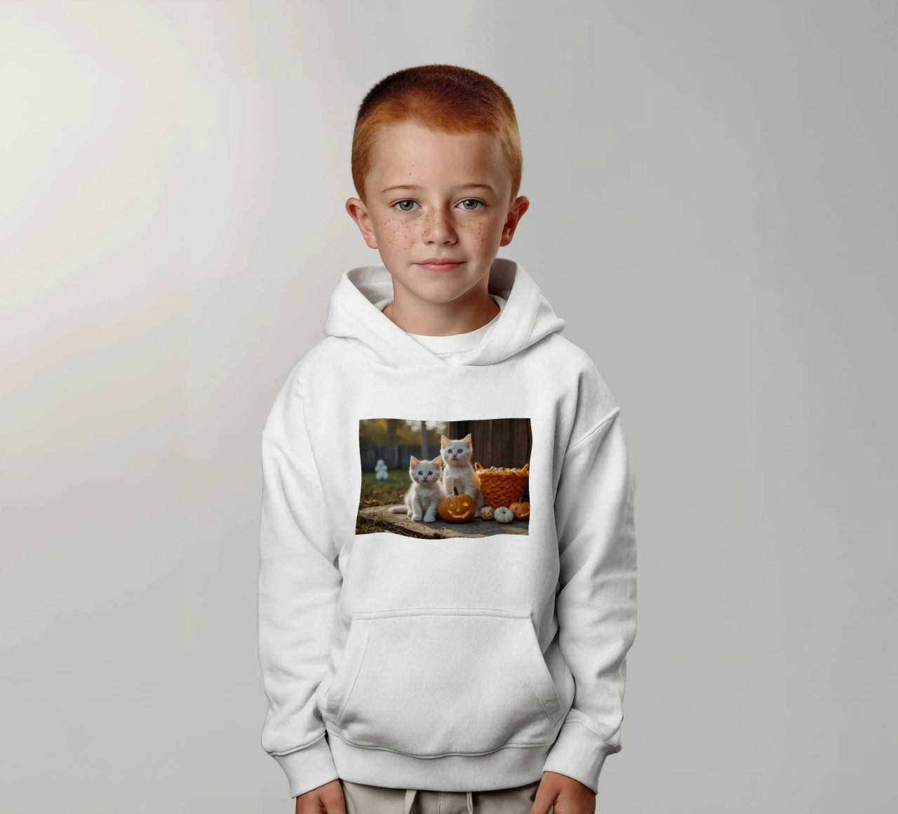 Dos gatitos juguetones junto a calabazas talladas y una cesta sudadera con capucha para niño de DesignDoodle