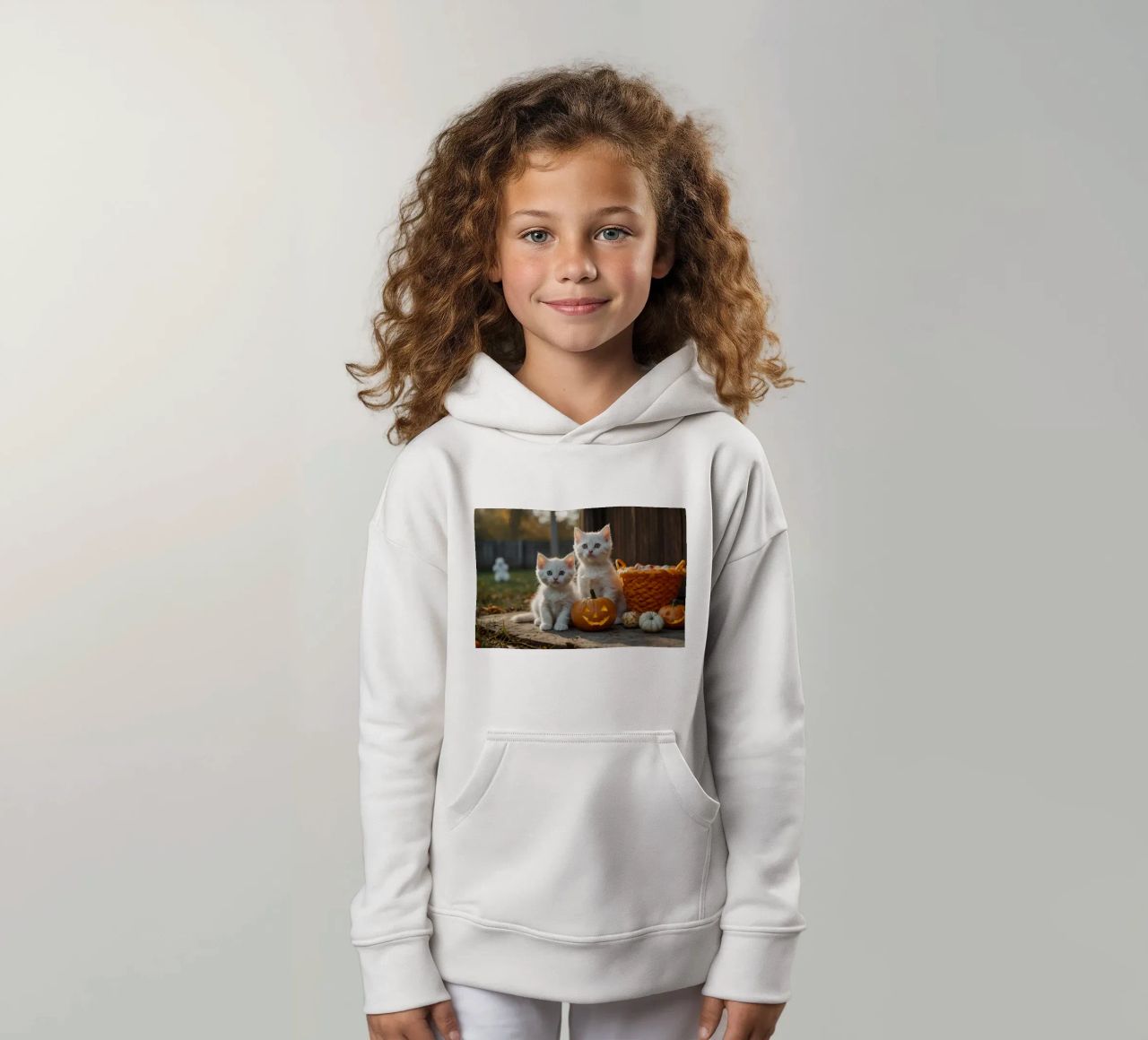 Dos gatitos juguetones junto a calabazas talladas y una cesta sudadera con capucha para niño de DesignDoodle