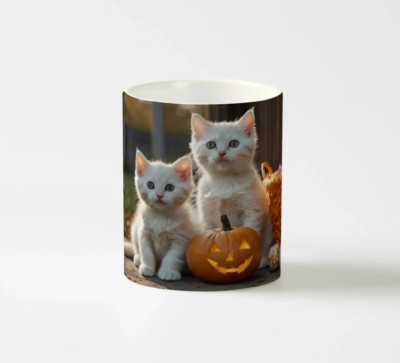 Two playful kittens beside carved pumpkins and a basket ceramic mug by DesignDoodle