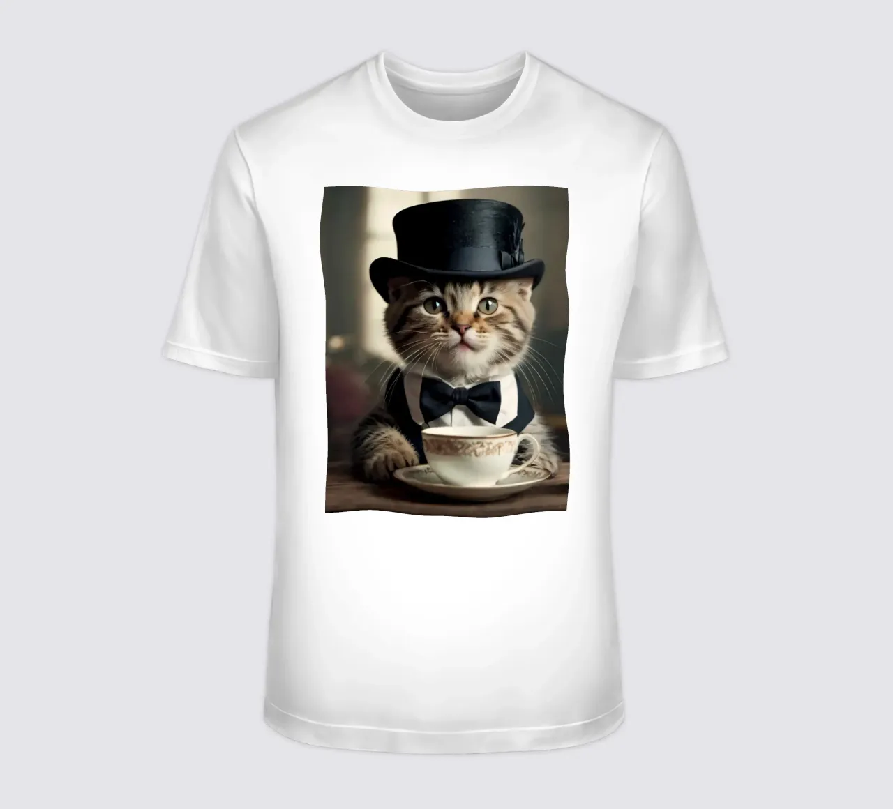 A dressed-up cat wearing a top hat and bow tie enjoys tea t-shirt by DesignDoodle