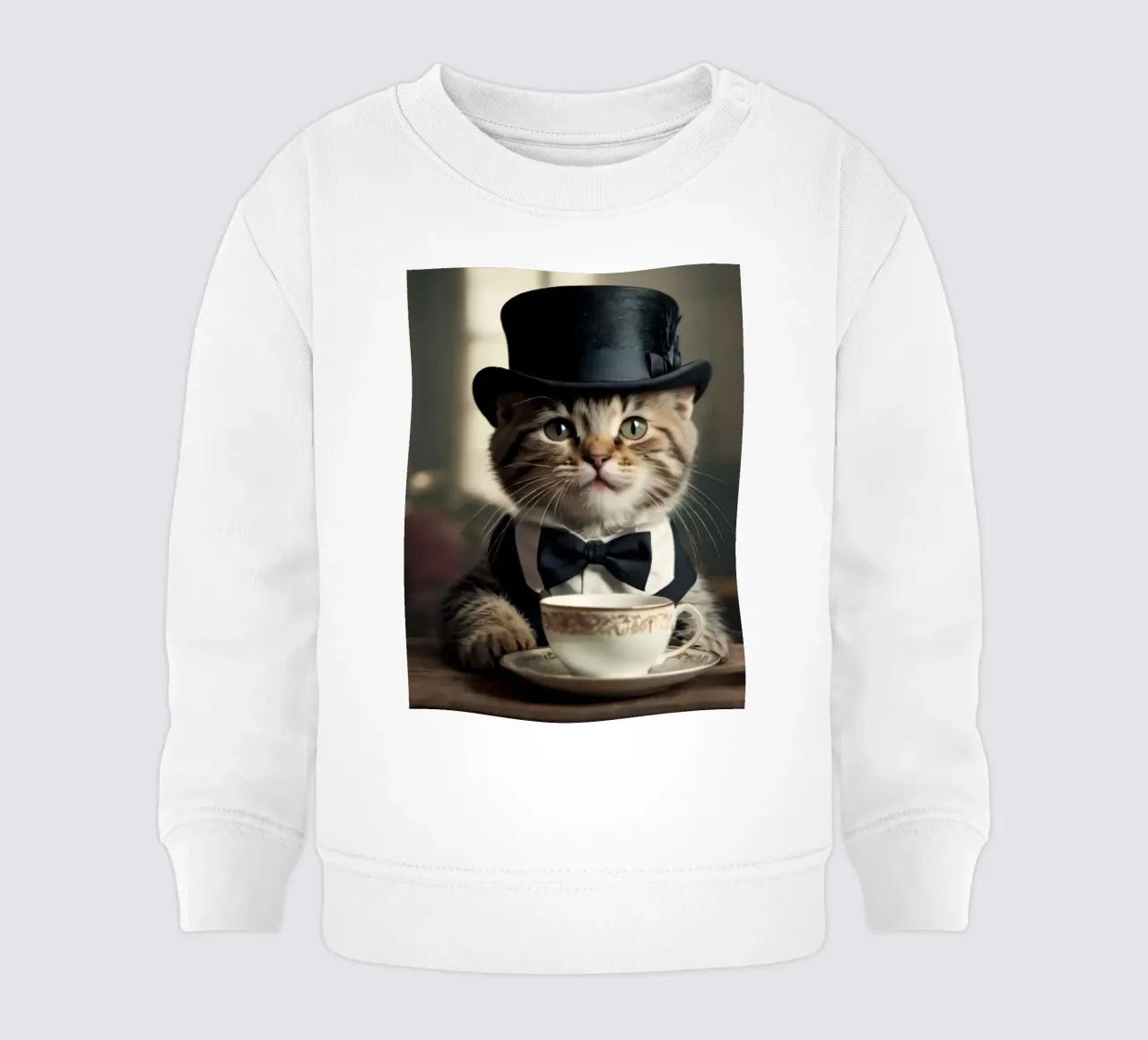 Un gatto vestito con cappello a cilindro e papillon si gode il tè felpa neonato da DesignDoodle