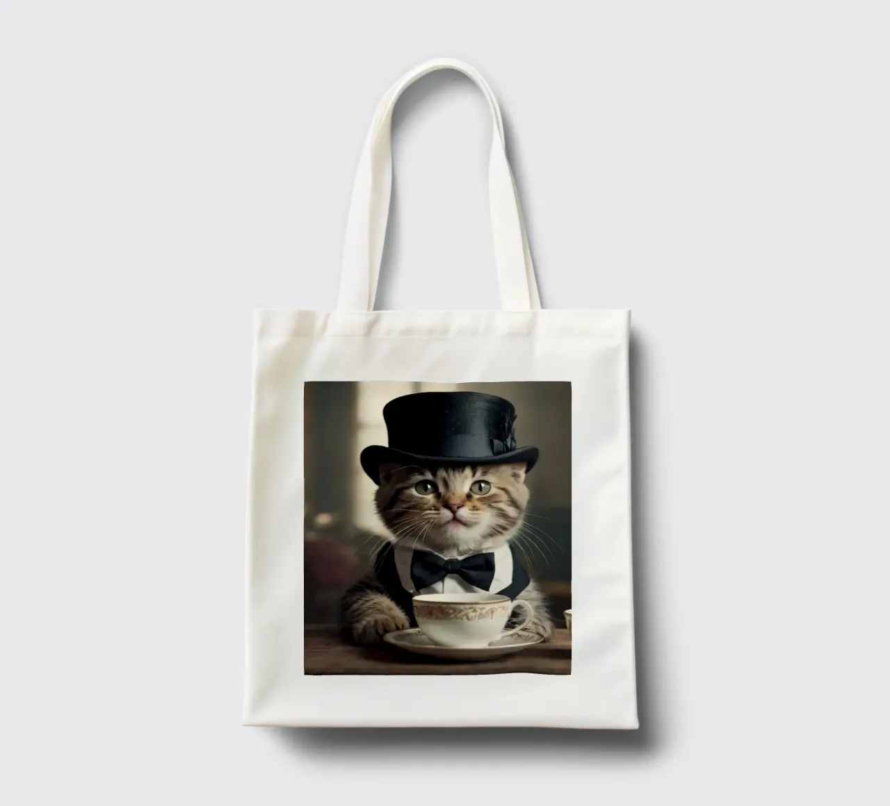 Un gatto vestito con cappello a cilindro e papillon si gode il tè borsa in juta da DesignDoodle