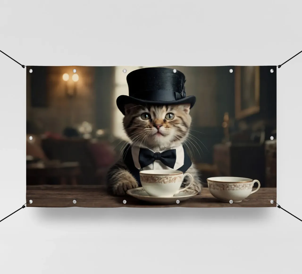 Un gatto vestito con cappello a cilindro e papillon si gode il tè telo in pvc da DesignDoodle