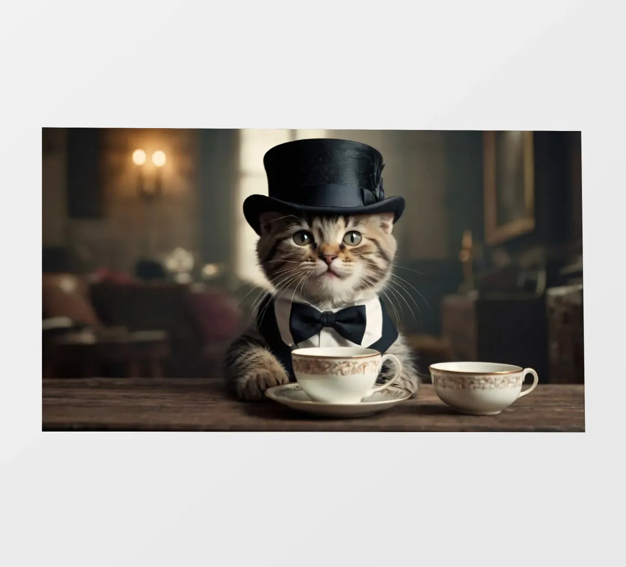 Un gatto vestito con cappello a cilindro e papillon si gode il tè telo in pvc da DesignDoodle