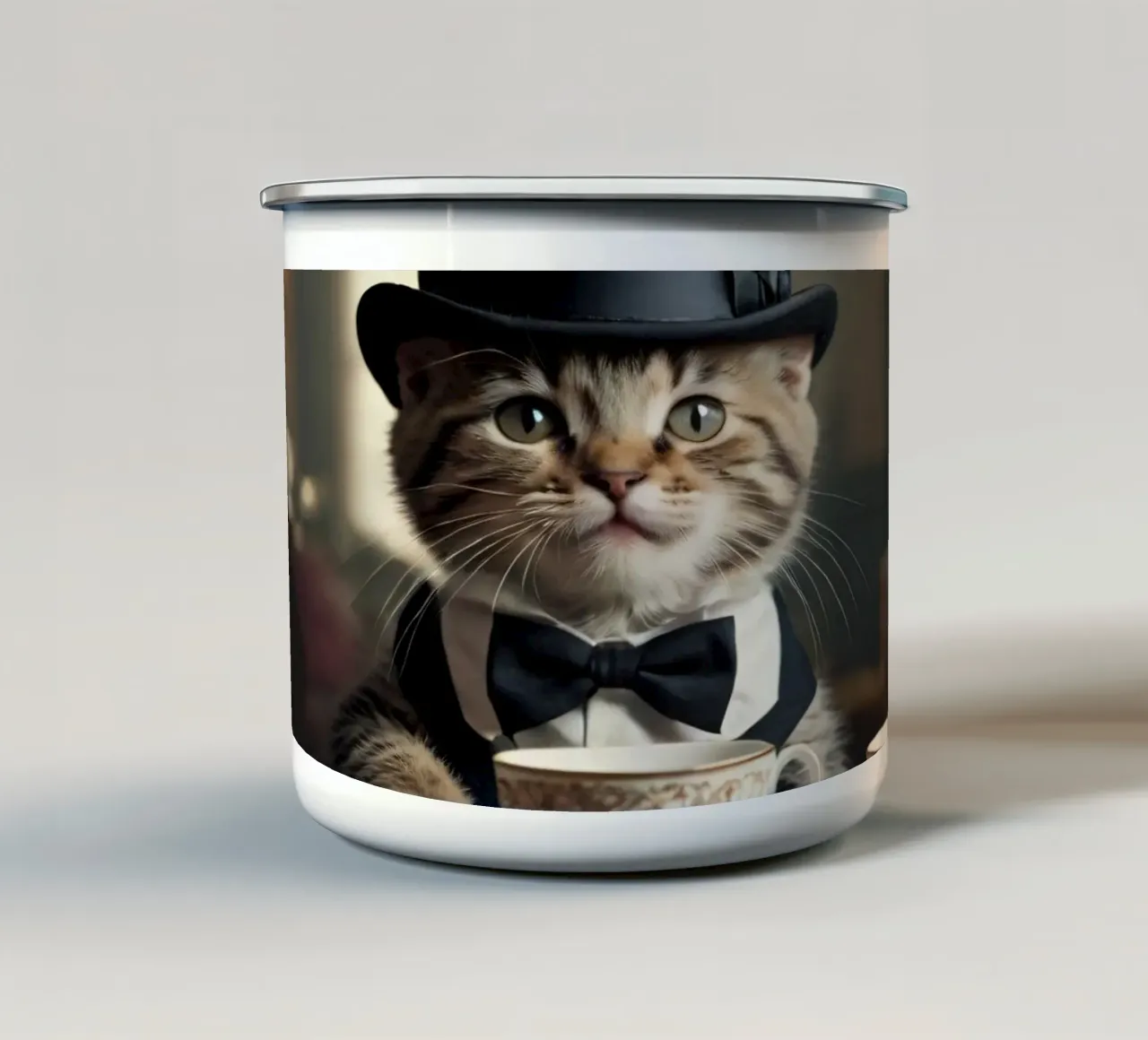 Un gatto vestito con cappello a cilindro e papillon si gode il tè tazza in smalto da DesignDoodle