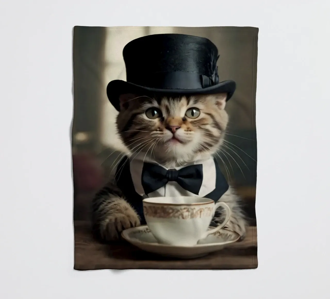 Un gatto vestito con cappello a cilindro e papillon si gode il tè coperta in pile da DesignDoodle