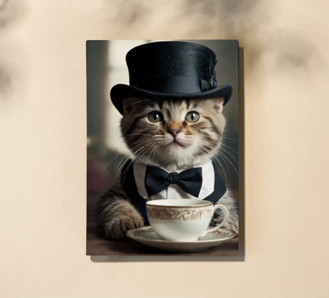 Un gatto vestito con cappello a cilindro e papillon si gode il tè diario da DesignDoodle
