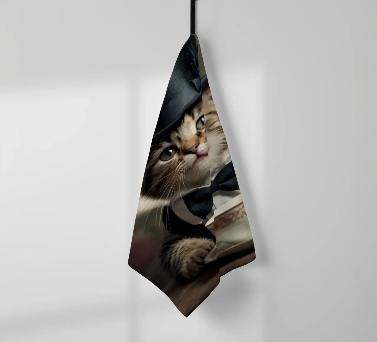 Un gatto vestito con cappello a cilindro e papillon si gode il tè canovaccio da cucina da DesignDoodle