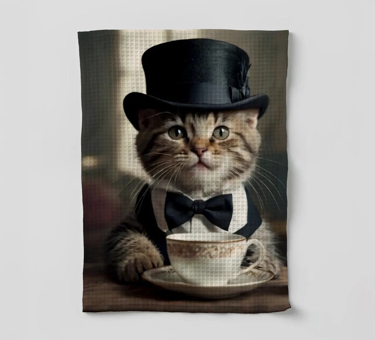 Un gatto vestito con cappello a cilindro e papillon si gode il tè canovaccio da cucina da DesignDoodle