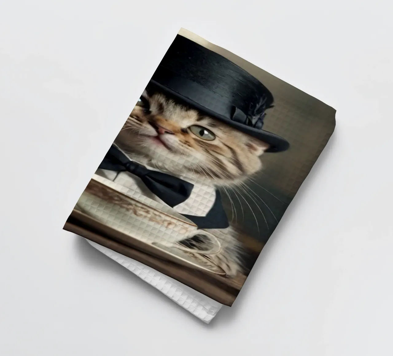 Un gatto vestito con cappello a cilindro e papillon si gode il tè canovaccio da cucina da DesignDoodle