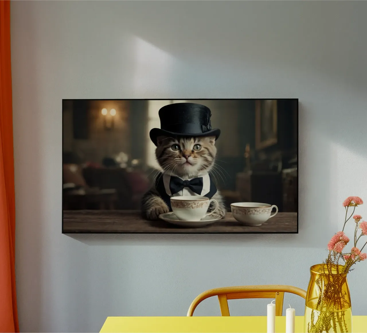 Un gatto vestito con cappello a cilindro e papillon si gode il tè plexiglass da DesignDoodle