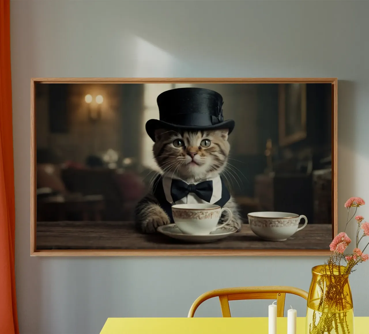 Un gatto vestito con cappello a cilindro e papillon si gode il tè tela da DesignDoodle