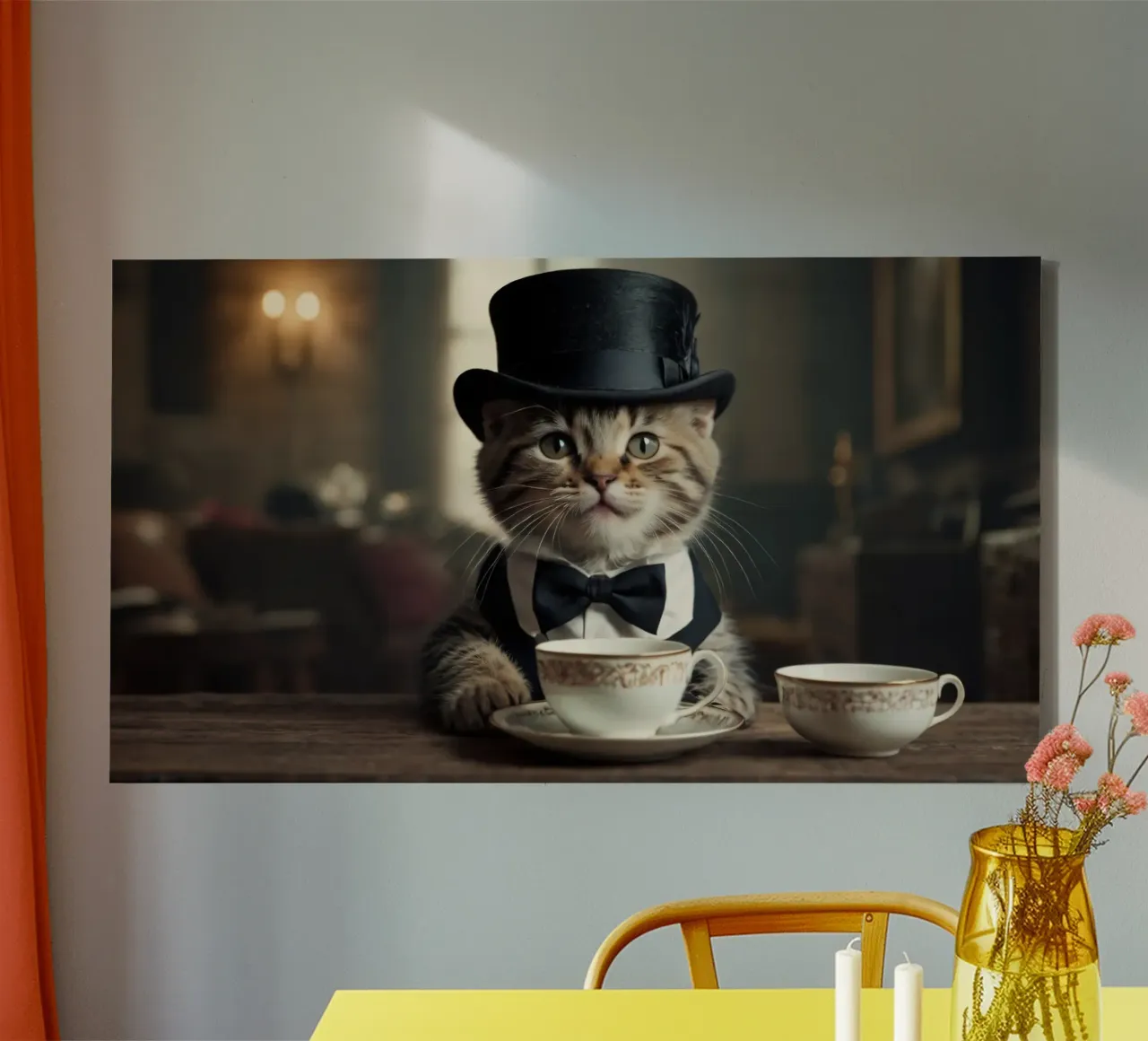 Un gatto vestito con cappello a cilindro e papillon si gode il tè tela da DesignDoodle