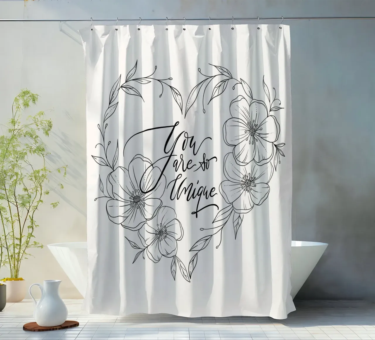 Cuore con fiori e foglie in line art. Dichiarazione d'amore. tenda da doccia da CalliLetters